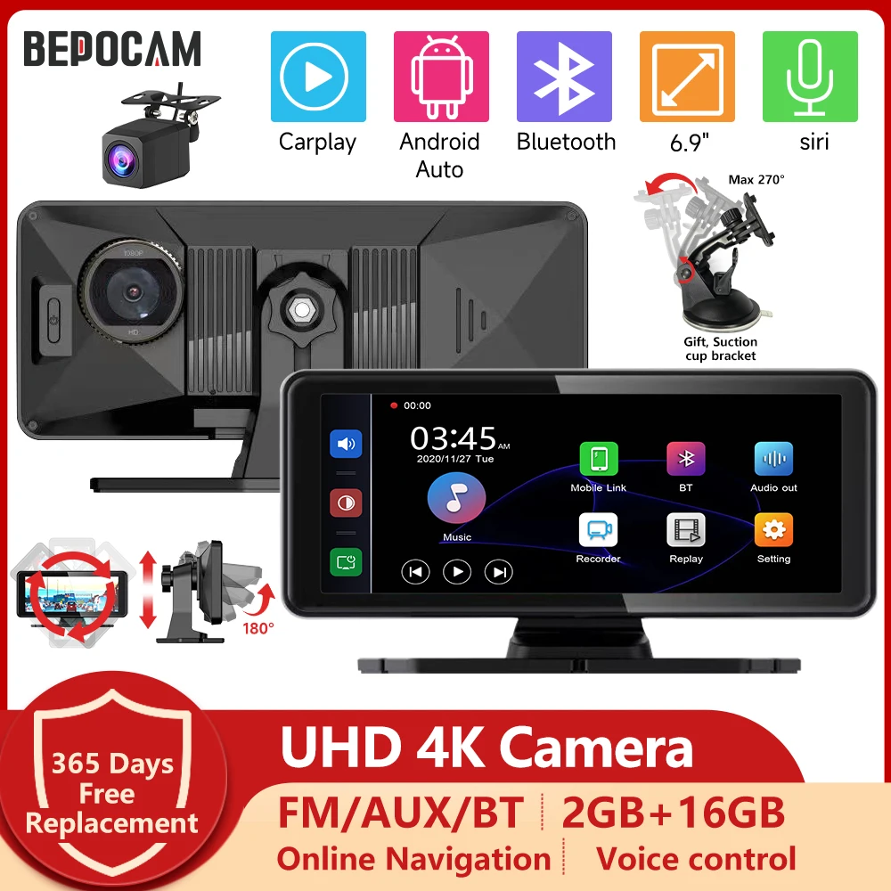 

BEPOCAM Carplay Dash Cam 4K+1080P UHD 6.9" Screen Car DVR Camera with Wifi GPS Rear Camera,Android IOS Voice Control DashCam