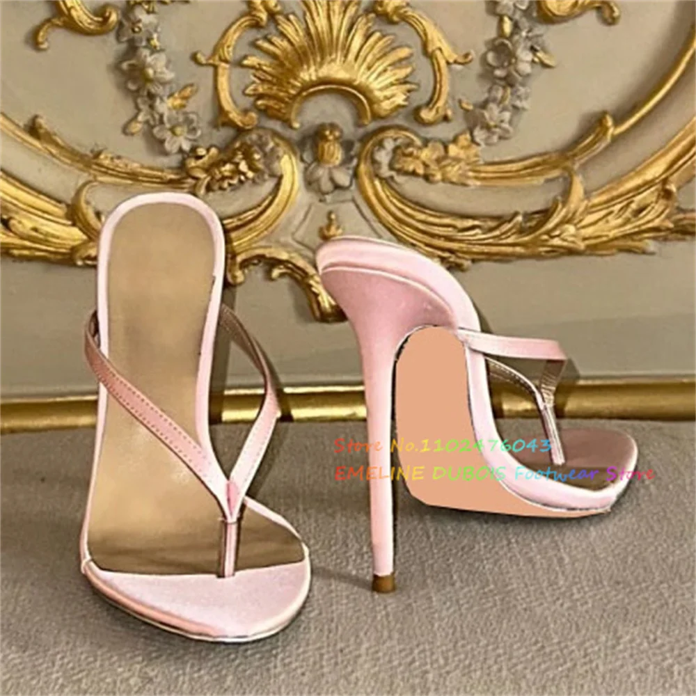 

Pink Satin High Heel Flip Flops Women Round Toe Stiletto Heel Slip On Slingback Solid Color Elegant Outside Vacation Slippers