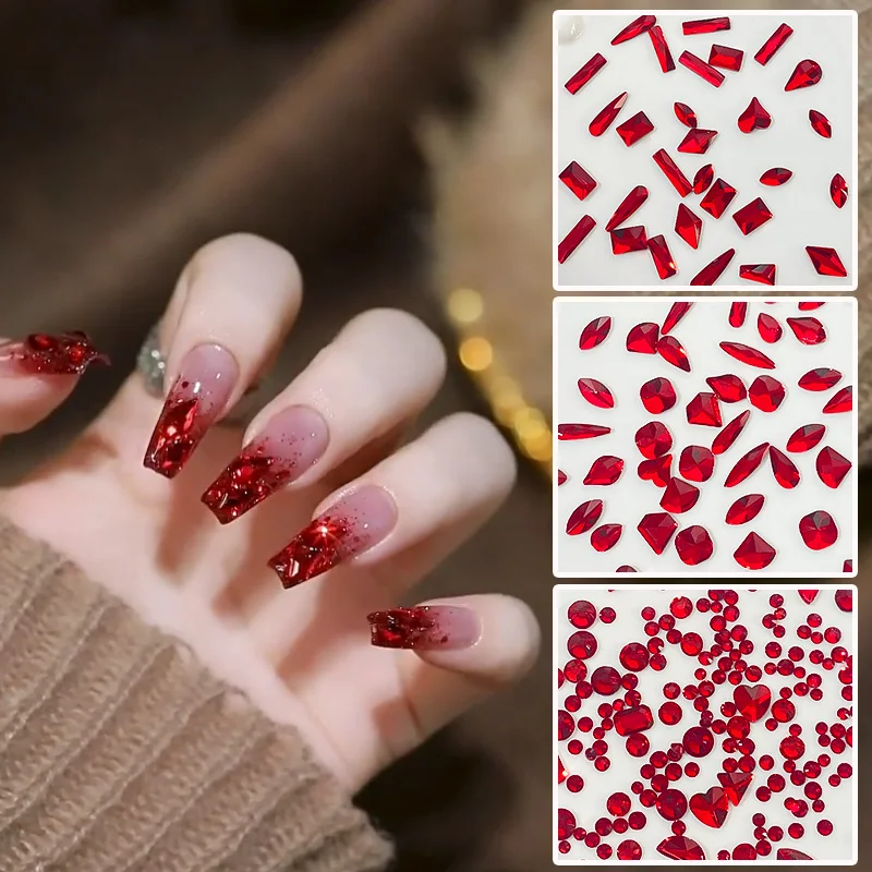 Metalowe zawieszki 3D w kształcie serca i kwadratu do zdobienia paznokci, błyszczące czerwone szklane cyrkonie, inkrustowane misie, dekoracje do paznokci DIY, biżuteria do paznokci.