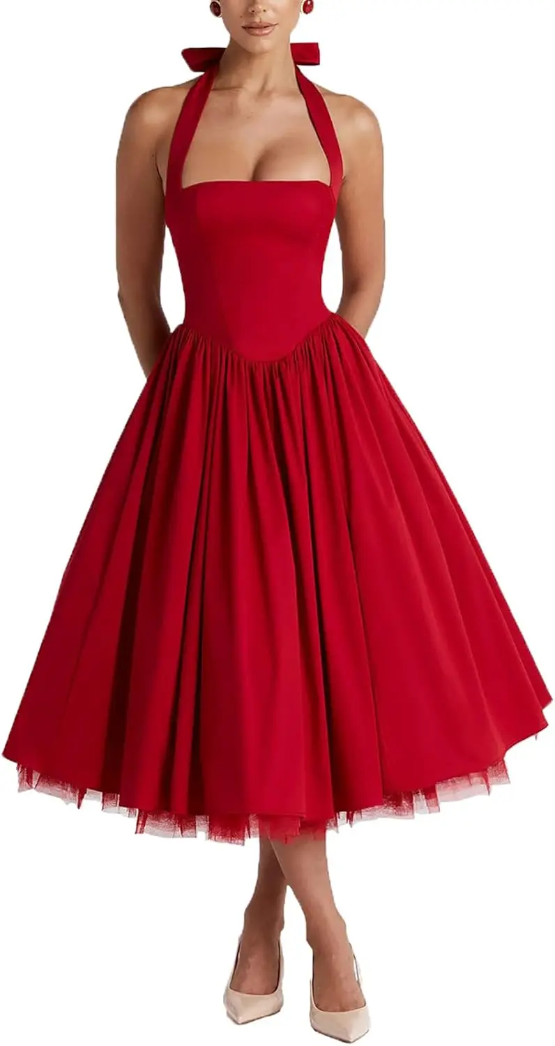 

Women Summer Halter Dress Low Cut Sleeveless A Line Tulle Swing Flowy Tea Length Dress Corset Prom Formal Ball Gowns