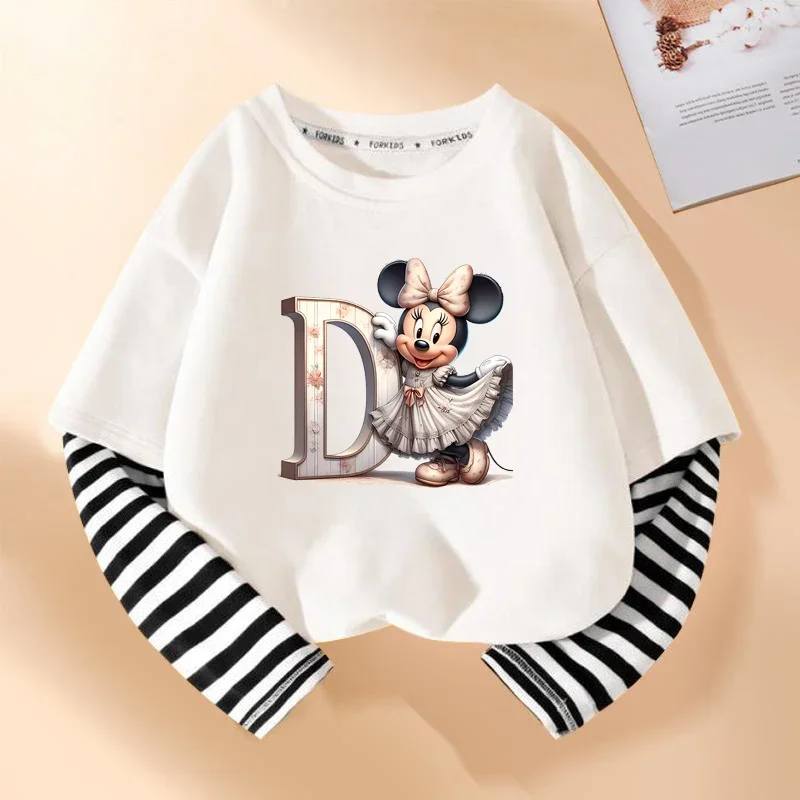 Minnie disney crianças camiseta dos desenhos animados impressão manga longa em torno do pescoço kawaii algodão meninas roupas moda hip hop crianças roupas