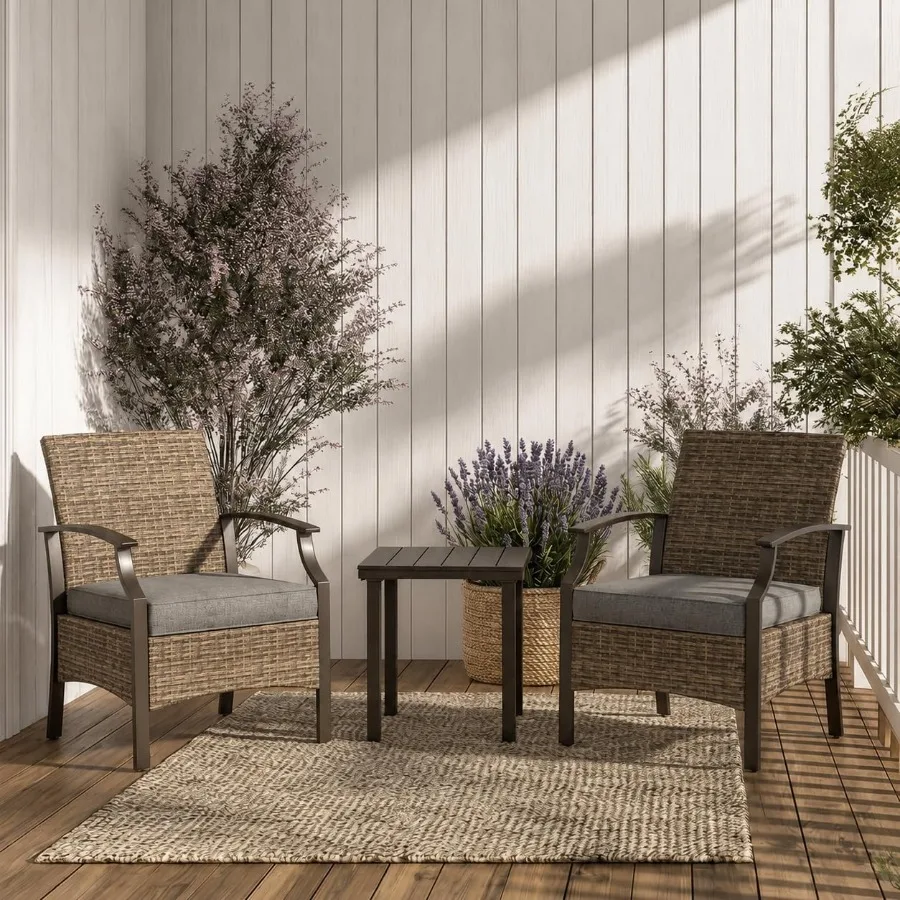 3 Pieces Outdoor Furniture Set, Wicker Small Patio Set Wicker Bistro Table and Chairs for Front Porch Balcony Deck Outside Grey