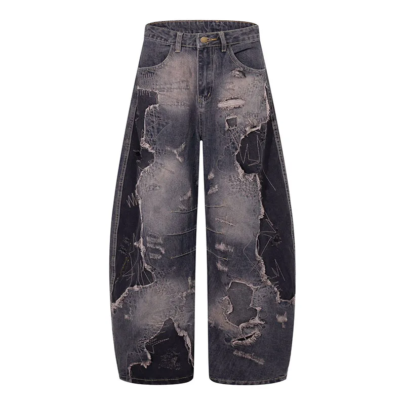 

Vintage Hip Hop Streetwear Jeans Pants Men Washed Straight Loose Denim Trousers For Male Patchwork