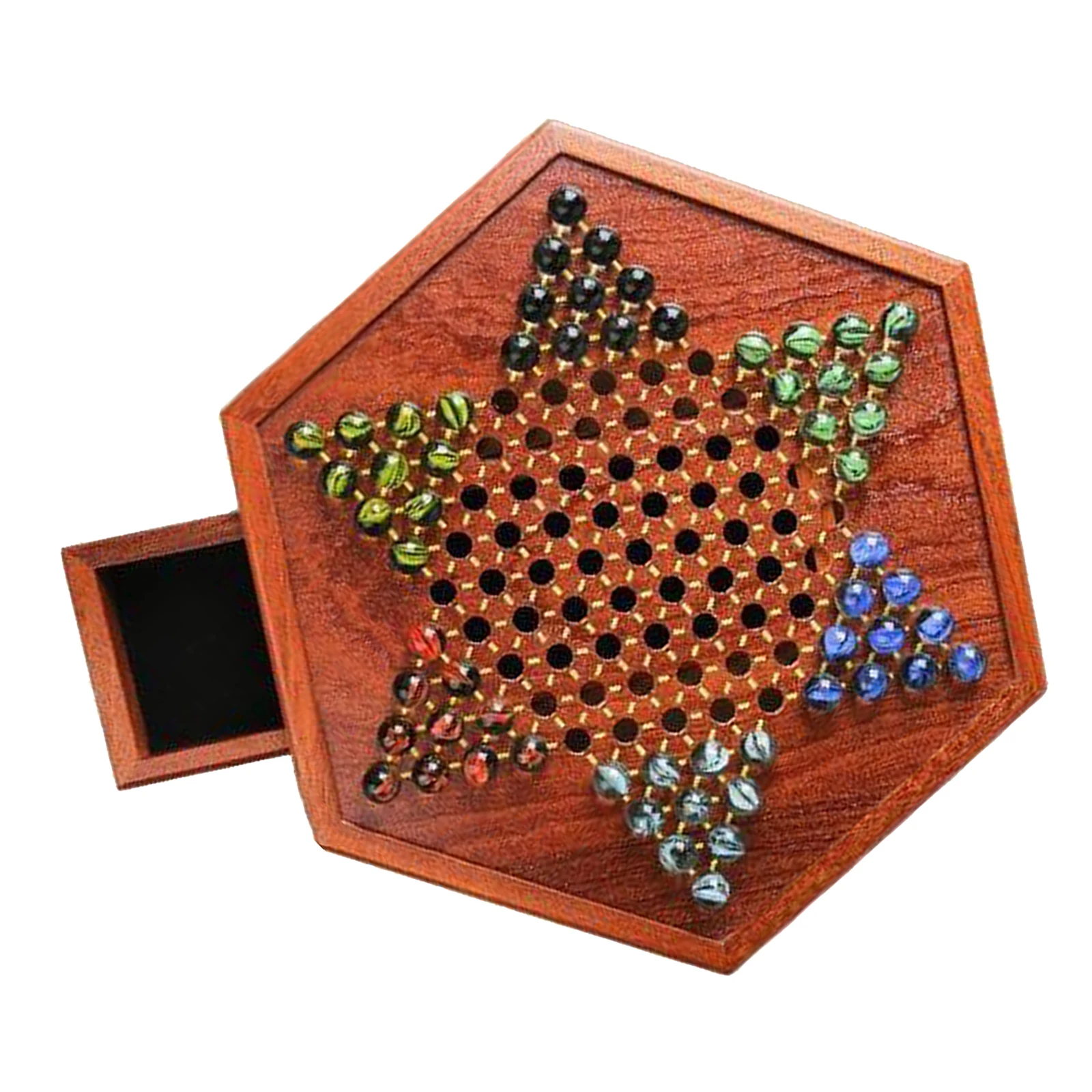 Classic Wooden Board Game Chinese Checkers Fine Chessboard 6 Color Glass Marbles Fun Multiplayer Set