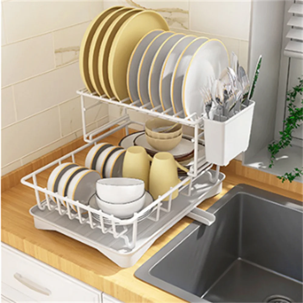 1 2-Tier Metal Dish Drying Rack with Drainboard, Space Saver Kitchen Counter Dish Drainer with Utensil Holder, 360° Swivel Spout