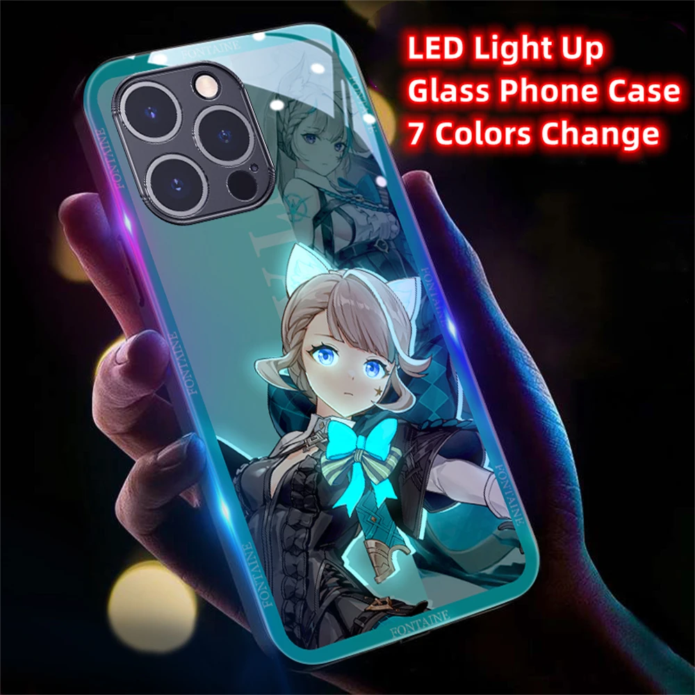 Water God Furina Role Luminous Glass LED Call Light Up Flash Phone Case Cover For Samsung S24 S23 S22 S21 S20 FE Note 20 Ultra