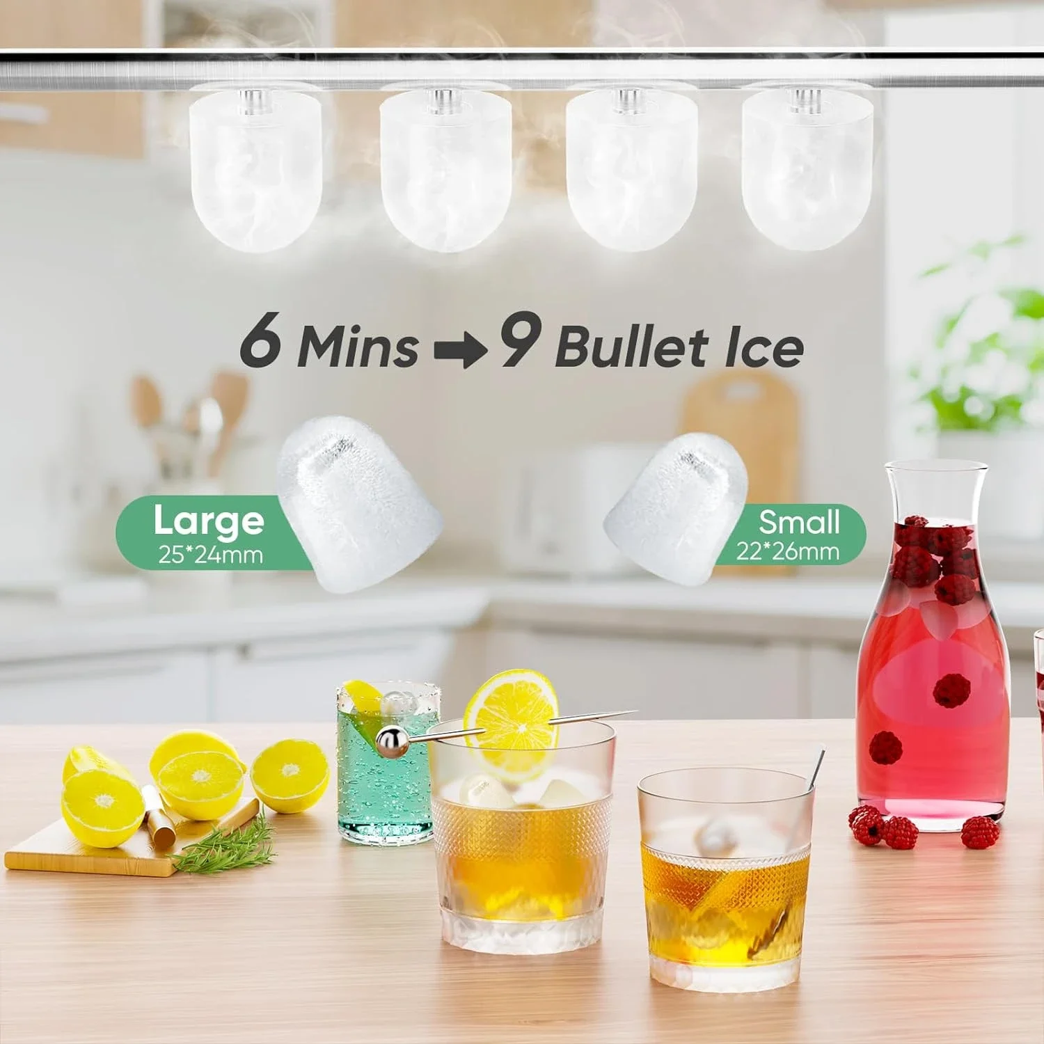 Efficient Countertop Nugget Ice Maker Machine, Produces 9 Ice Cubes in Just 6 Mins, Makes up to 26.5lbs of Ice in 24Hrs, Self-Cl