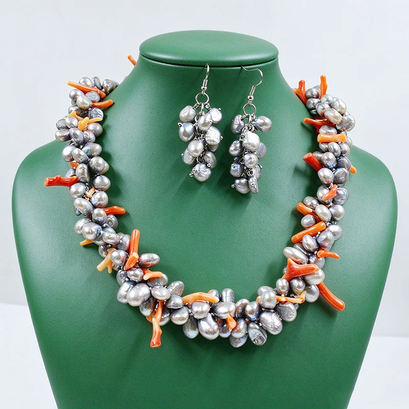 Exquisite. Pretty ! 8-9MM 3 rows Natural gray baroque. Natural coral necklace. 2026-Bridal Necklace Jewelry 20”