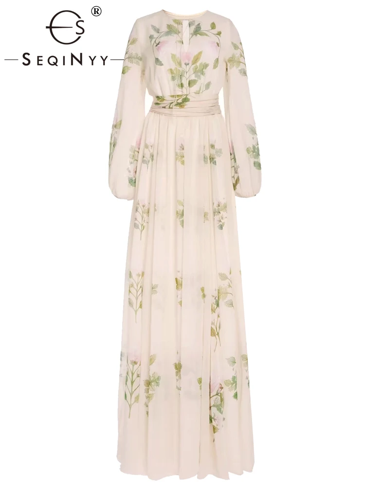 

SEQINYY Elegant Beige Dress Summer Spring New Fashion Design Women Runway High Street Draped Vintage Flowers Print Party Midi