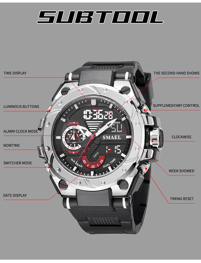 SMAEL Sport Quartz Watches LED DisplayShock Resistant 50M Waterproof Alarm Clock Analog Digitals 8060 For Men S7f2cd5c19a0948e4b64266b83dbfa576m