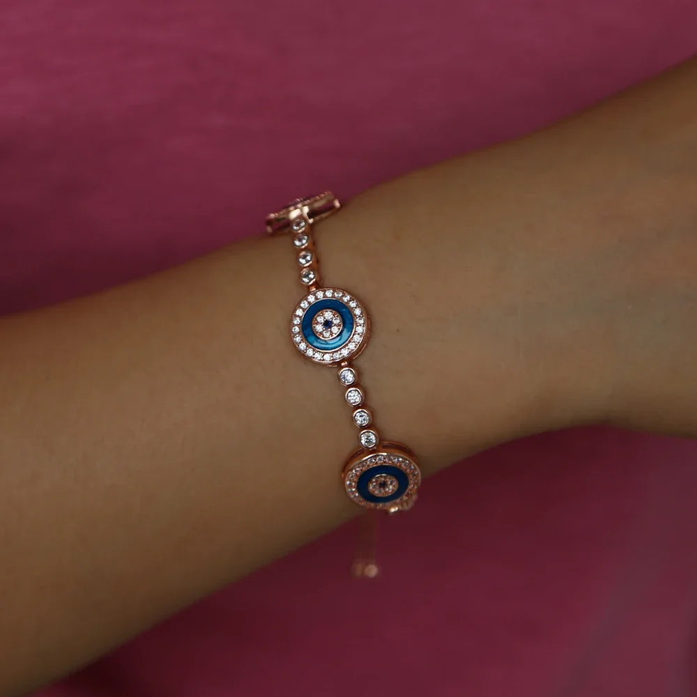 three dots round geometric disk charm blue turkish evil eye tennis bracelet fashion rose gold color bangles