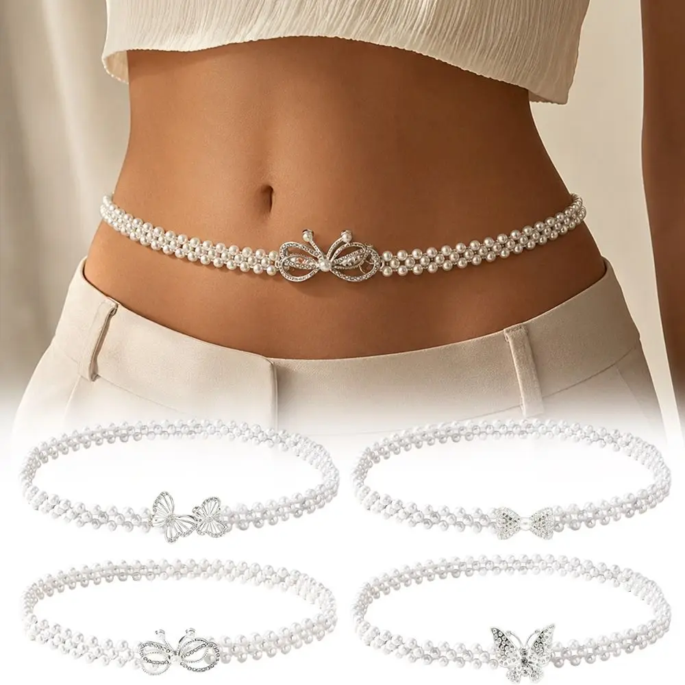 Pearl Beads Pearl Waist Chain Stretch Elastic Band Thin Narrow Style Beaded Slim Belt Rhinestone Inlaid Pearl Strung Design