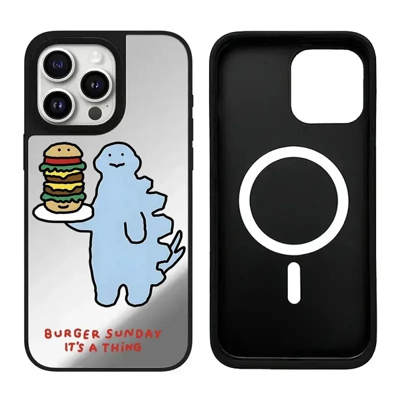 

Cartoon Dinosaur Hamburger iPhone 11 12 13 14 15 Pro Max Mirror Surface MagSafe Case Cover Shell