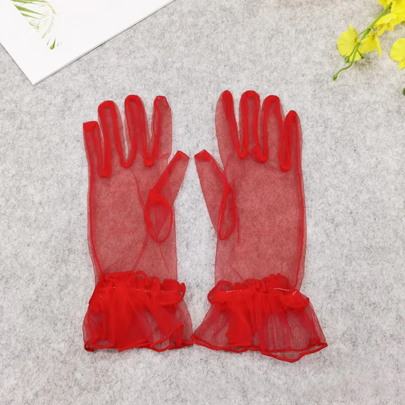 Guantes de encaje de dedo completo para mujer, guantes cortos de tul, etiqueta elástica, hoja de loto, guantes de boda, 1 par