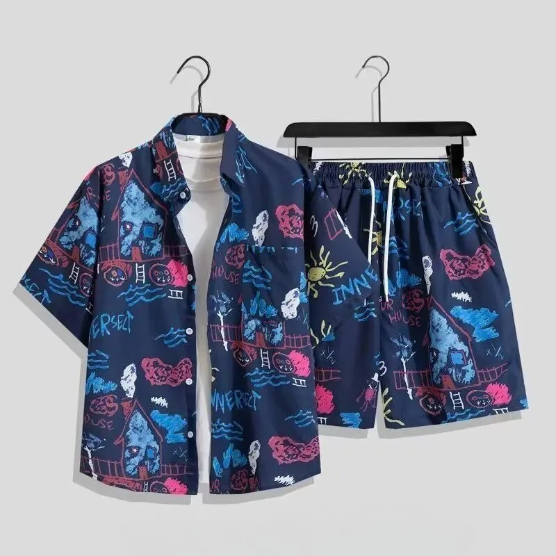 

Men's Ice Silk Summer Set Quick Dry Lightweight Short Sleeve Shirt Loose Plus Size Beach Shorts Couple Matching 2 Pieces