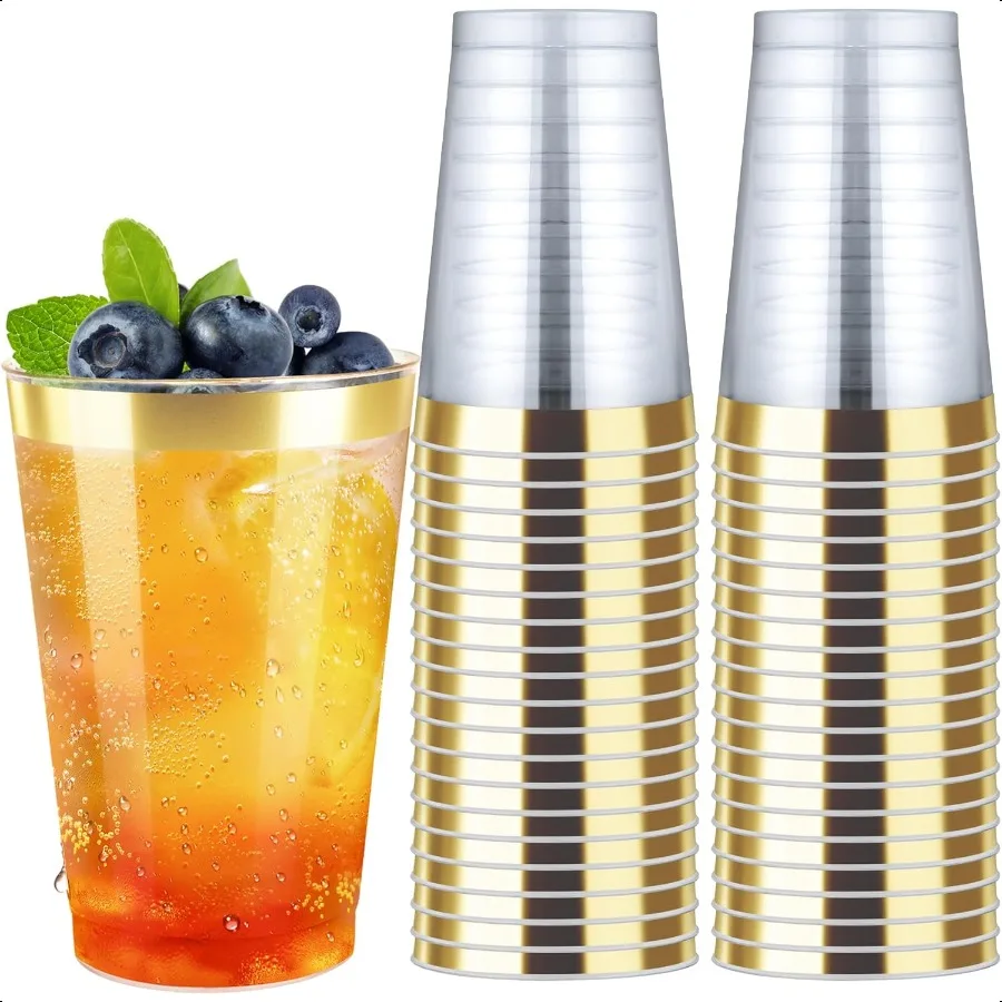 

12oz Clear Plastic Cups with Gold Rimmed Sturdy Food Safe Wine Glasses Wedding Cups Party Cups Plastic Cocktail Glasses for Wi
