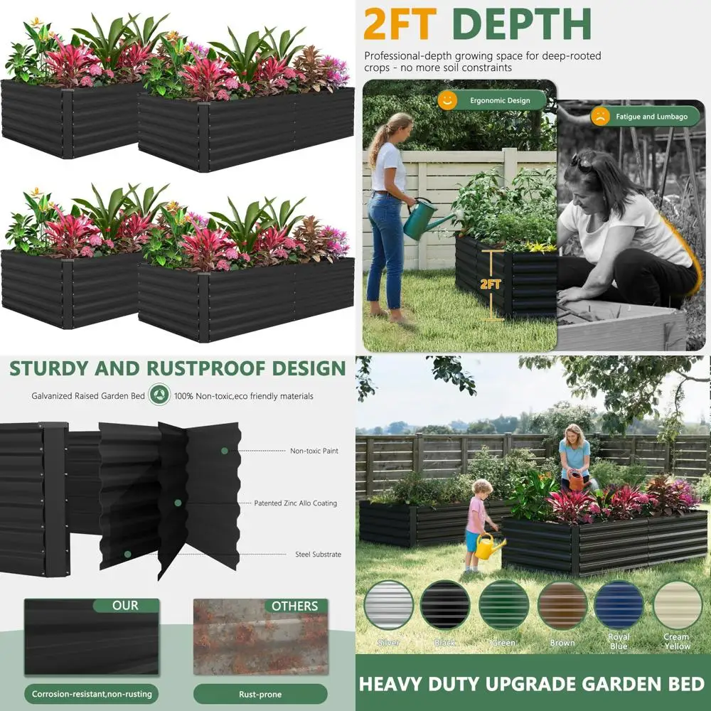 

Большие уличные металлические приподнятые садовые кровати, 4 шт. Оцинкованные коробки для цветов размером 8x4x2 фута для садоводства, прочные приподнятые садовые солу