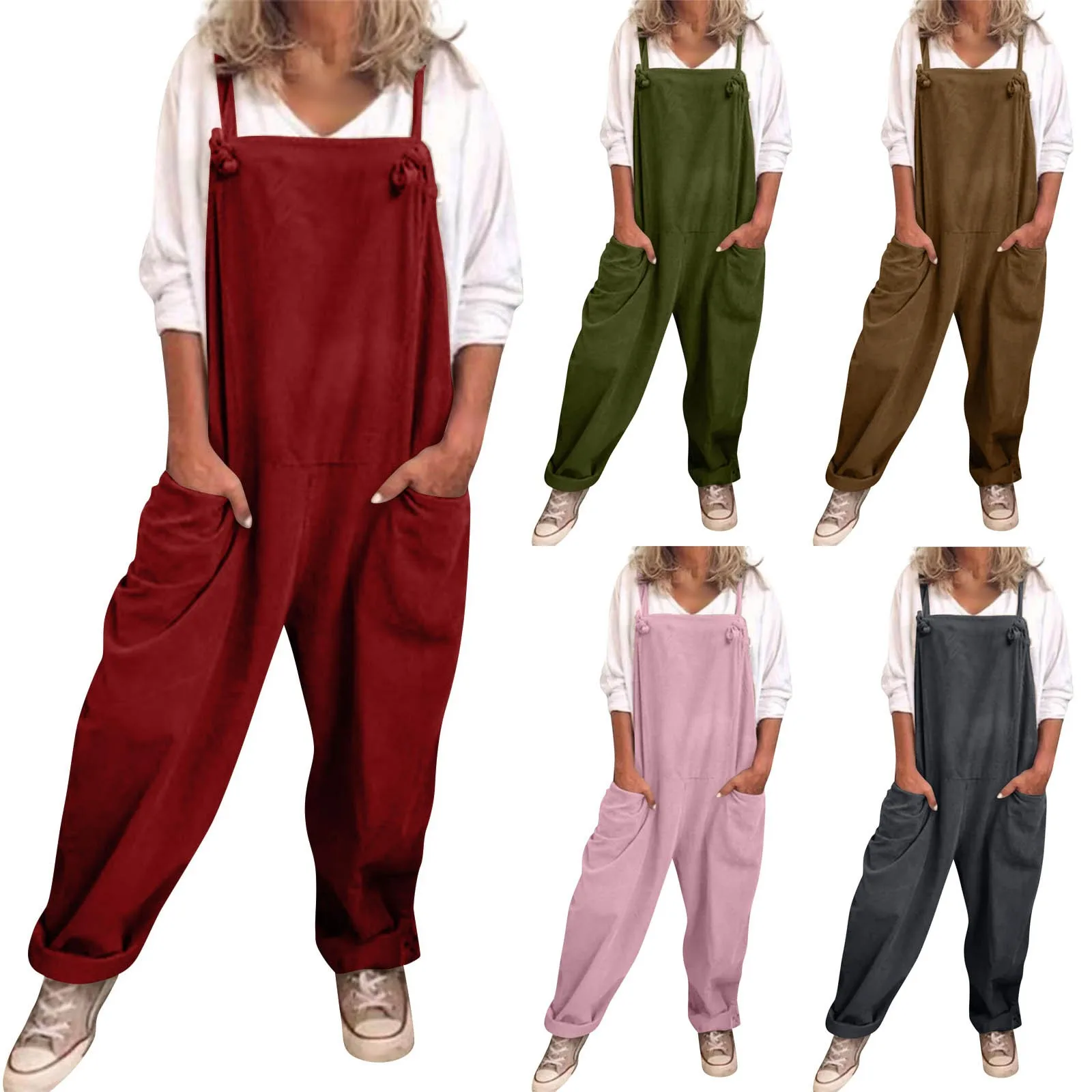 Womens Plus Size Overalls Jumpsuits Casual Solid Color Loose Comfy Dungarees Rompers Suspender Knot Cargo Style Playsuit