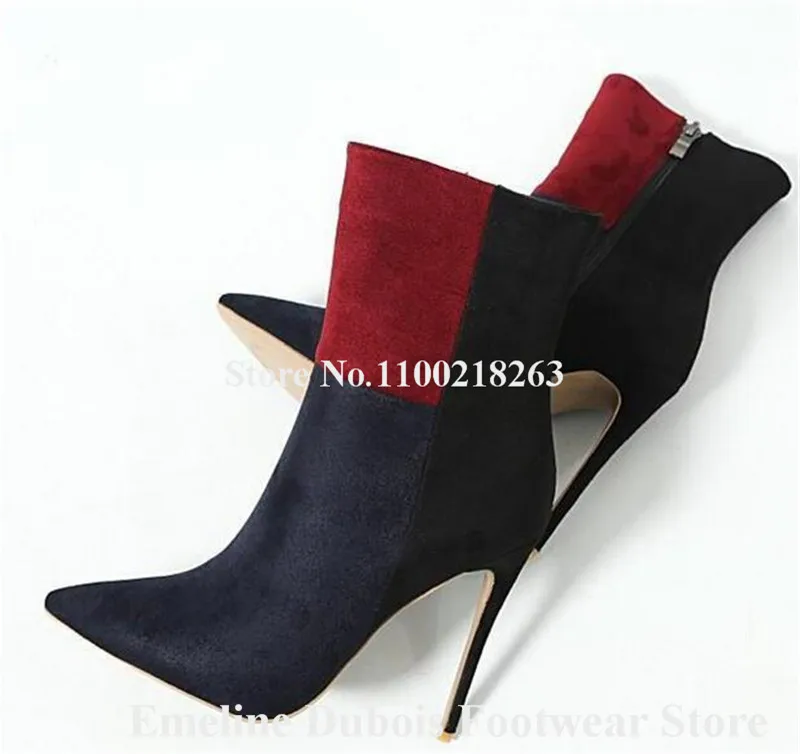 Patchwork Suede Short Boots Emeline Dubois Pointed Toe Stiletto Heel Red-blue-black Mixed Colors Ankle Booties Dress High Heels