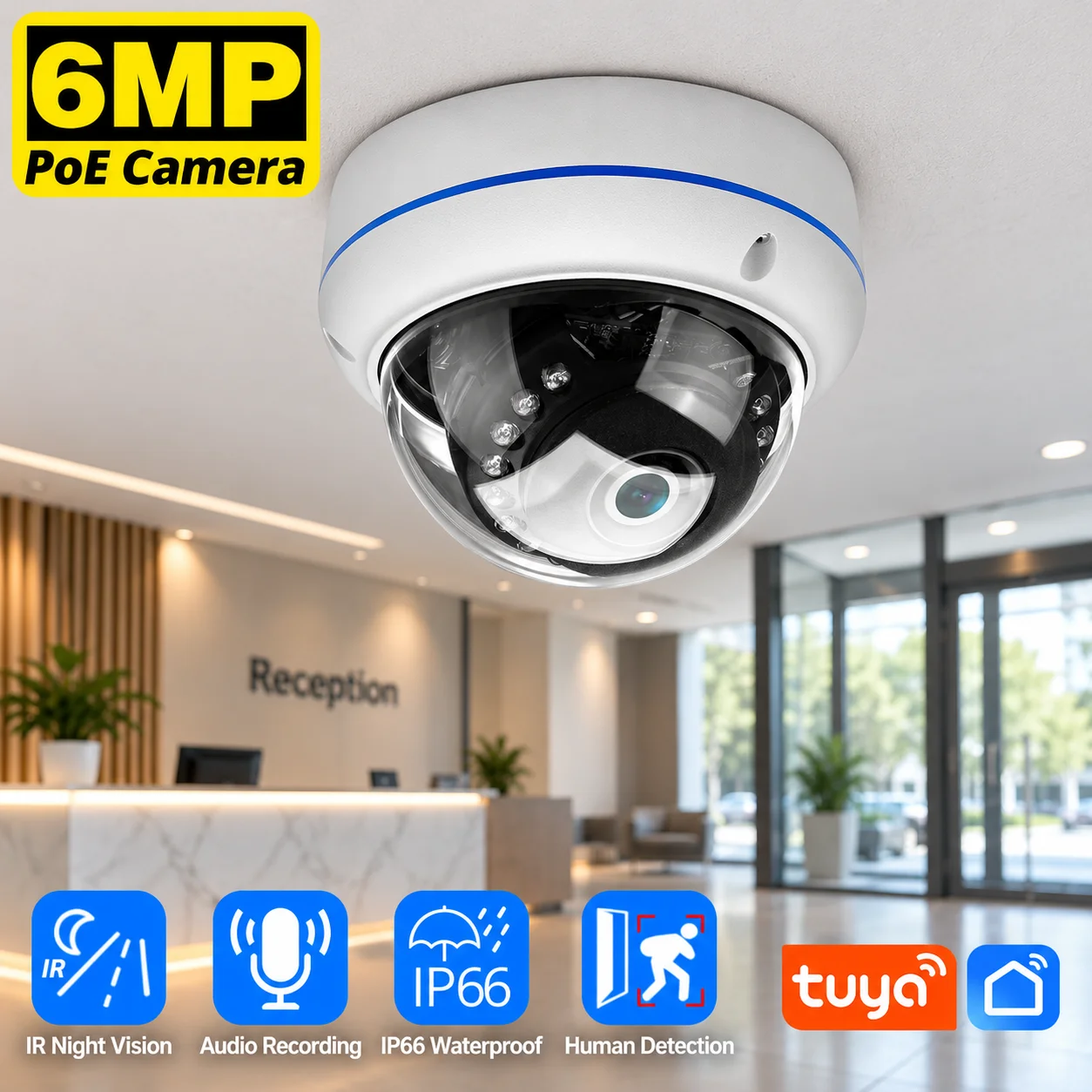 Tuya 6MP POE IP Dome Security Camera Metal Outdoor Waterproof Home Ceiling Camera Video Surveillance Audio Record CCTV Cam 5MP