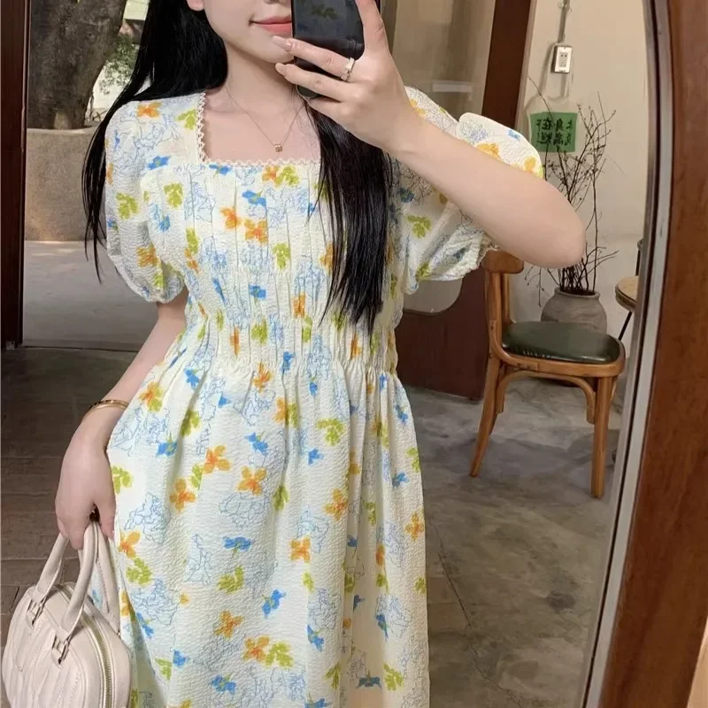 Women Summer Floral Dress Sweet Girls Chic Puff Sleeve Dresses New Kawaii Clothes Summer Dress Cottagecore Red Yellow Dresses