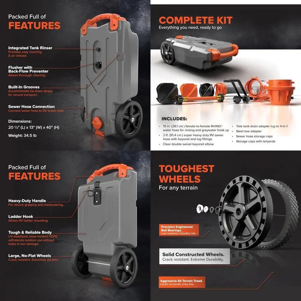 

Rhino 21-Gallon RV Portable Waste Tank - Features Large Heavy-Duty No-Flat Wheels & Low Drain Hole - Includes Removable Steel To