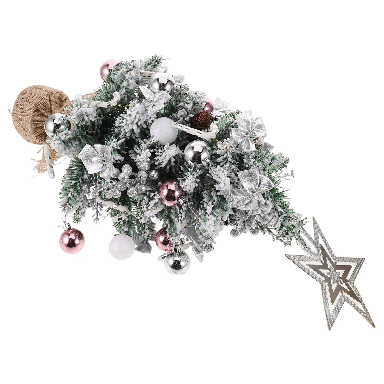

Mini Tabletop Flocked Christmas Tree Small White Pinecones Ball Bowknot Ornament Indoor Cabinet Mantel Fireplace Xmas Table