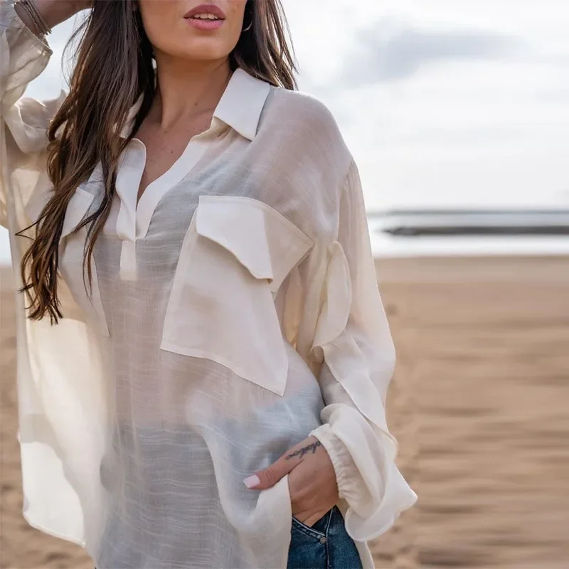 Summer Fashion Pure Color Simple Temperament Long Sleeved Cotton Linen Women's Shirt