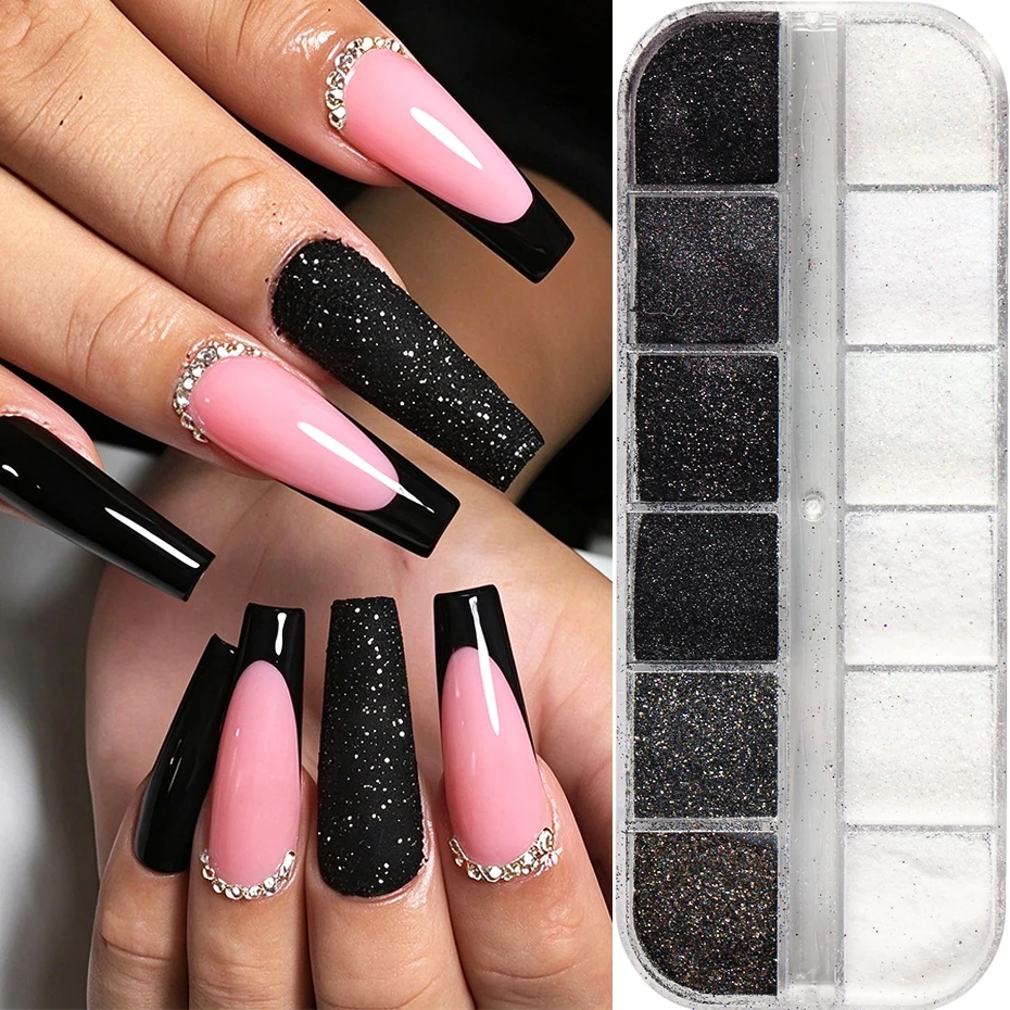 12 Grids Sparkling White Black Sugar Effect Glitter Nail Powder White Fine Iridescent Glitter Fluffy Powder Pigment Dust  Decor