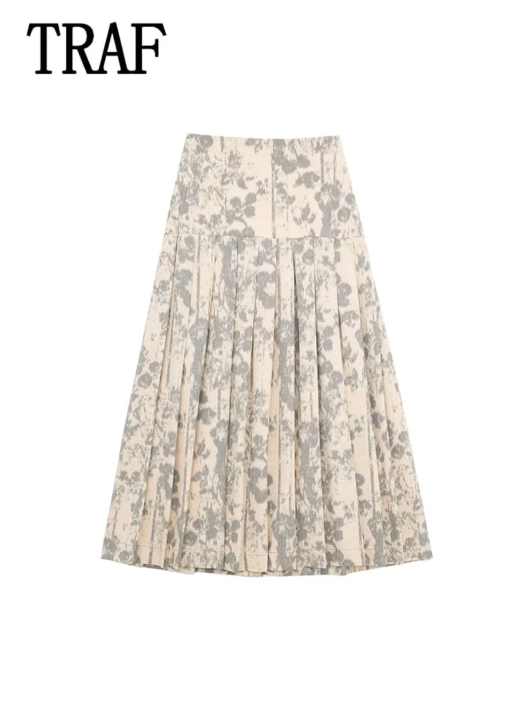 

TRAF Women Jacquard Printed Midi Skirt 2024 Spring Summer Pleated Casual Skirt Women Casual Elegant Skirt