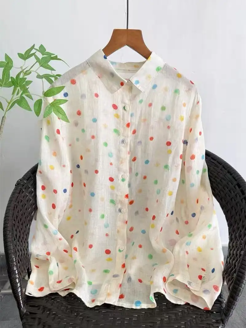 

Summer women's clothing Japanese fashion 100% ramie polka dot print shirts long sleeve blouses Female shirt summer tops