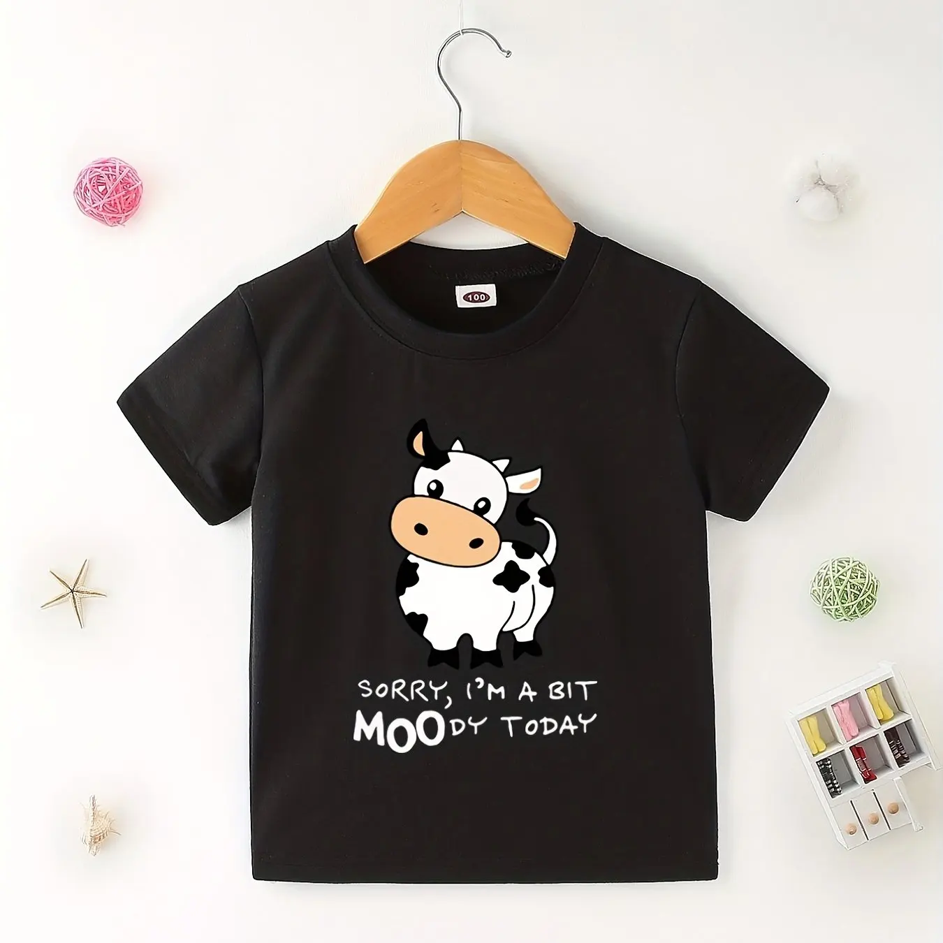 

Kids T-Shirt Cute Cow Graphic Design Moody Today Cotton Short Sleeve Tee for Boys Girls Comfortable Casual Wear Ideal Fun Gift