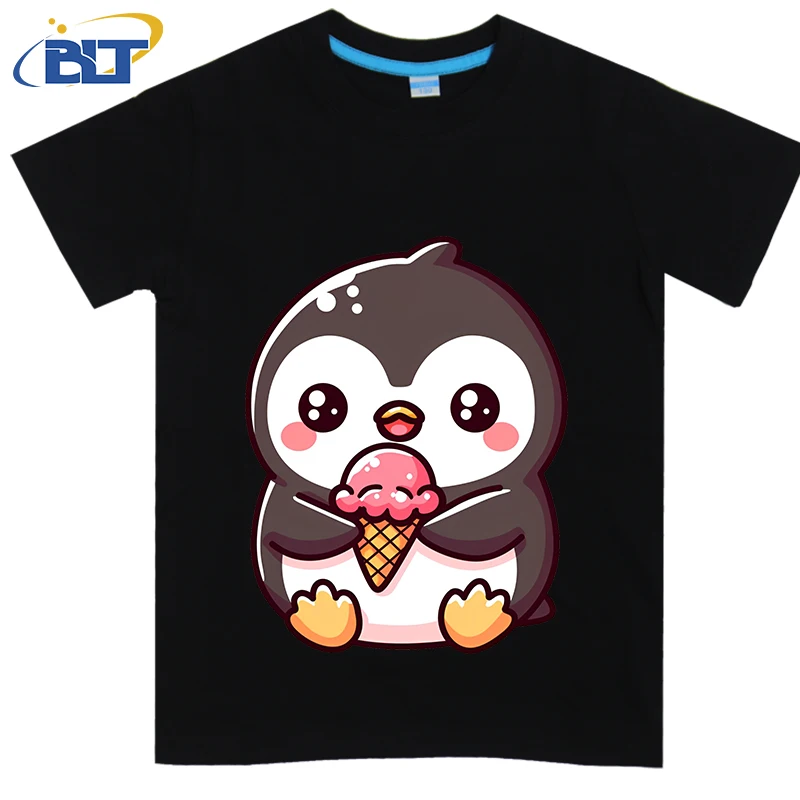 Penguin with ice cream printed kids T-shirt summer pure cotton short-sleeved casual top suitable for both boys and girls