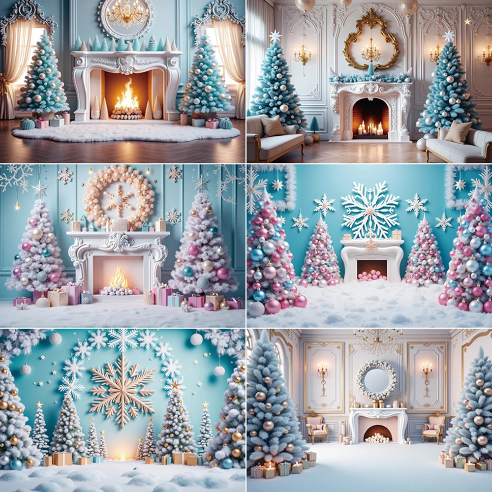 

MOON.QG Pink Christmas Balls Trees 2025 Photography Backdrop Snow Pine Fireplace Background Children Studio Photocall Supplies