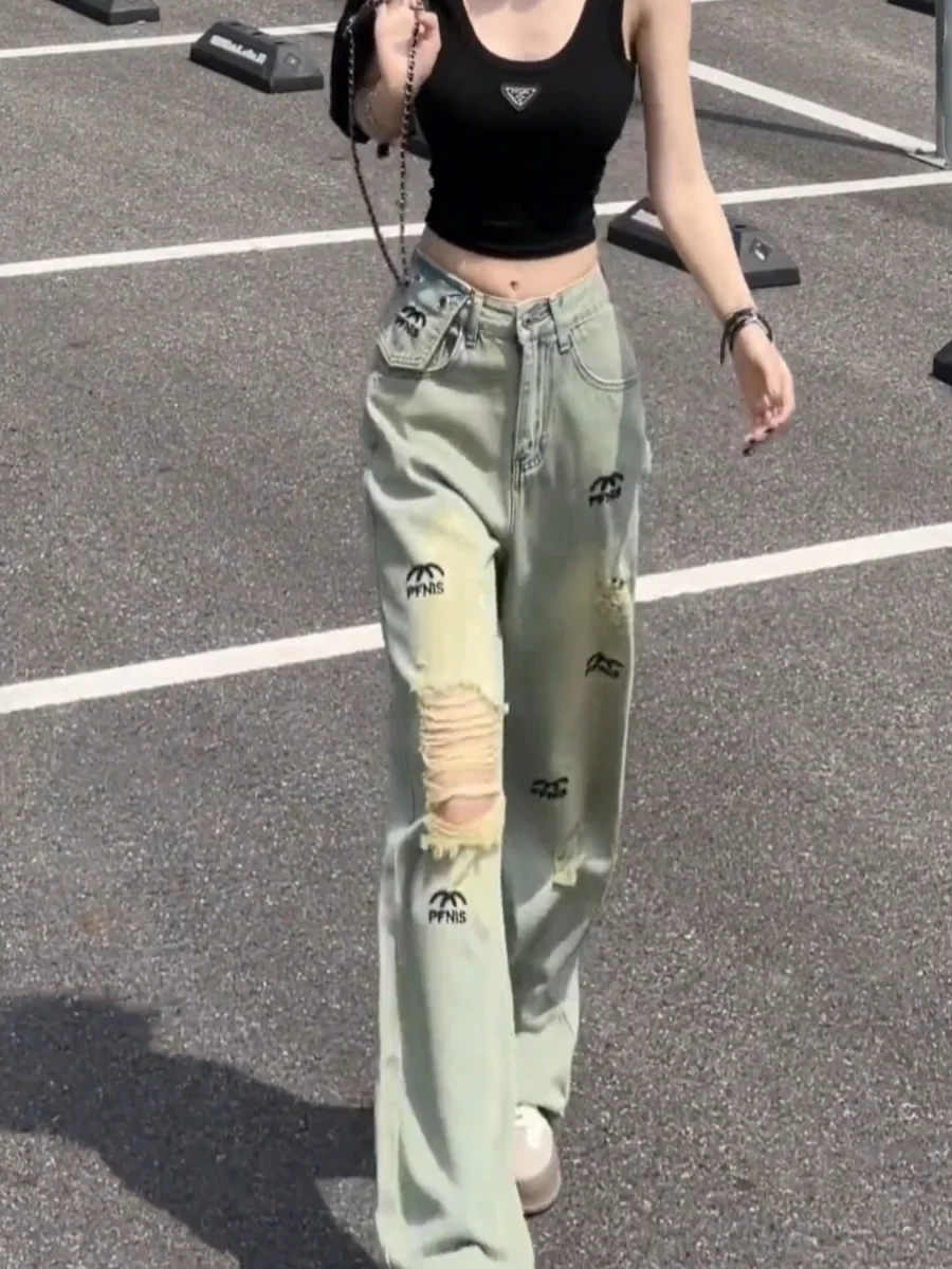 

Summer 2024 High Waist Wide Leg Jeans Women's Loose Fit Printed Denim Pants Straight Cut Torn Design Slimming Effect