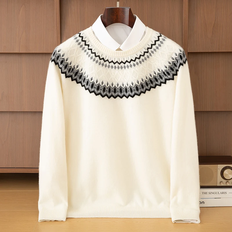 100% Merino Wool Sweater Men's Round Neck Jacquard Pullover Sweater With Back Thick Loose Casual Knit Base Warm Cashmere Sweater