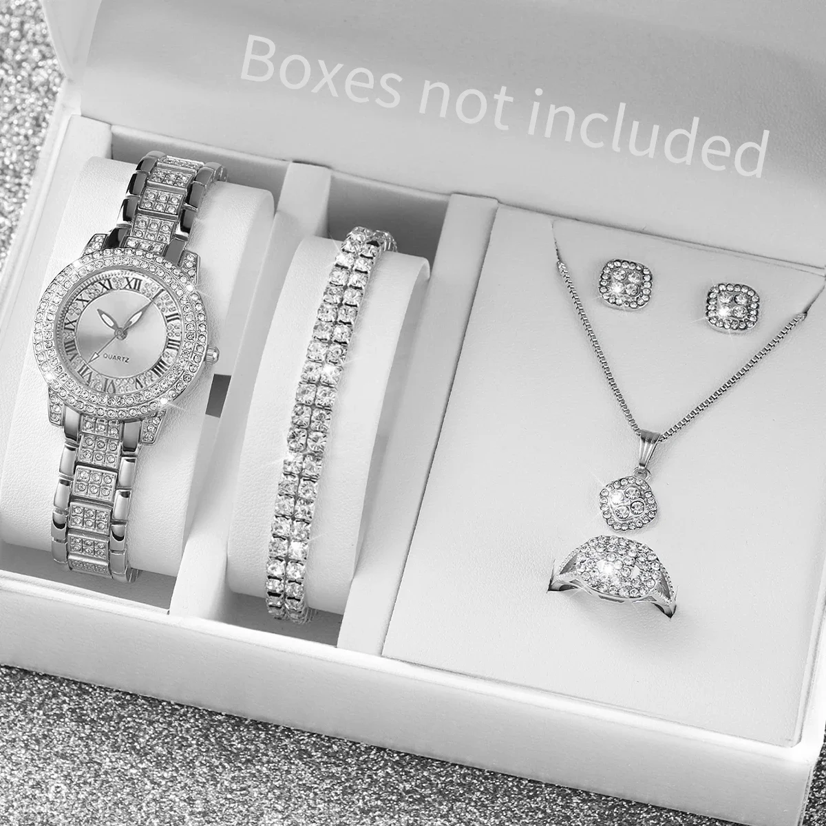 6PCS/Set Full Diamond Roman Literal Steel Strip Women's Watch Starry Charm Business Quartz Watch Women's Watch Jewelry Set