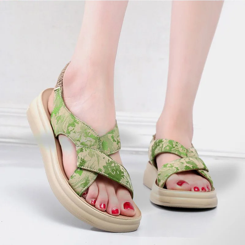 Sommer-Keilabsatzschuhe für Damen mit Blumenstickerei, Plattform-Sandalen, Komfort-Retro-Chunky-Sandalen, 3 cm, Casual, Alltag, Grün-Weiß D916