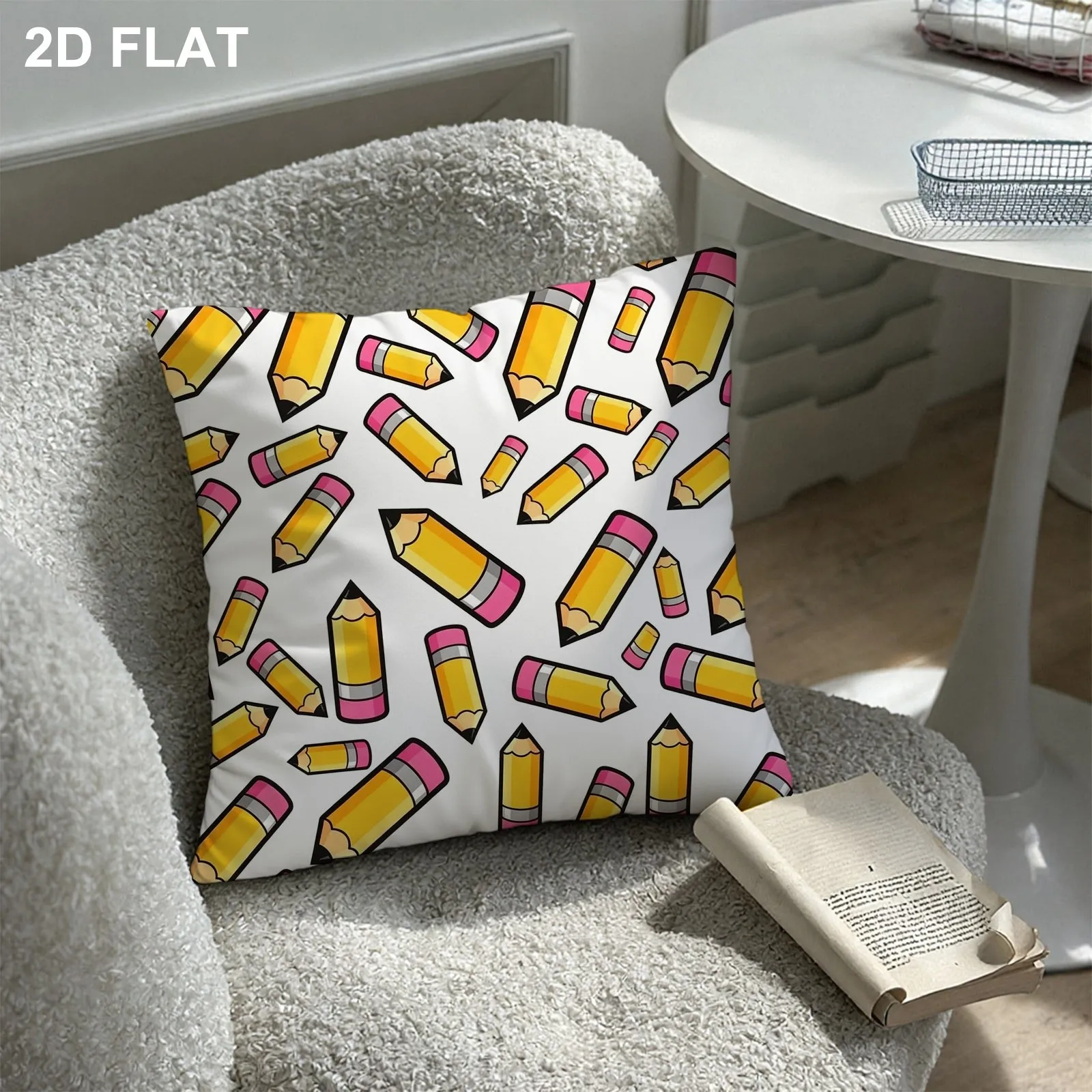 Playful Seamless Yellow Pencil Pattern Throw Pillow Cover, Single-Sided Vibrant Cartoon Design on White Background, Multiple Specifications Available, Cozy Home Decor Accessory for Sofa, Couch & Bedroom Daily Use