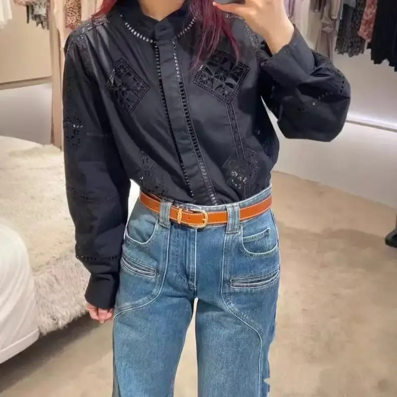 

Женская блузка с вышивкой и вырезами, воротником-стойкой и рукавами-фонариками, из хлопка, с длинными рукавами, для осени и зимы, модная, V-образный вырез...