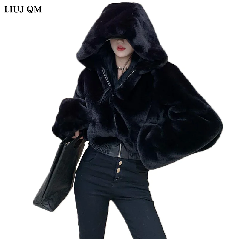 Faux Fur Coat Women 2023 Winter Clothing New Fashion Mink Fur Short Parka Furry Horn Buckle Hooded Faux Jacket Female Large Size