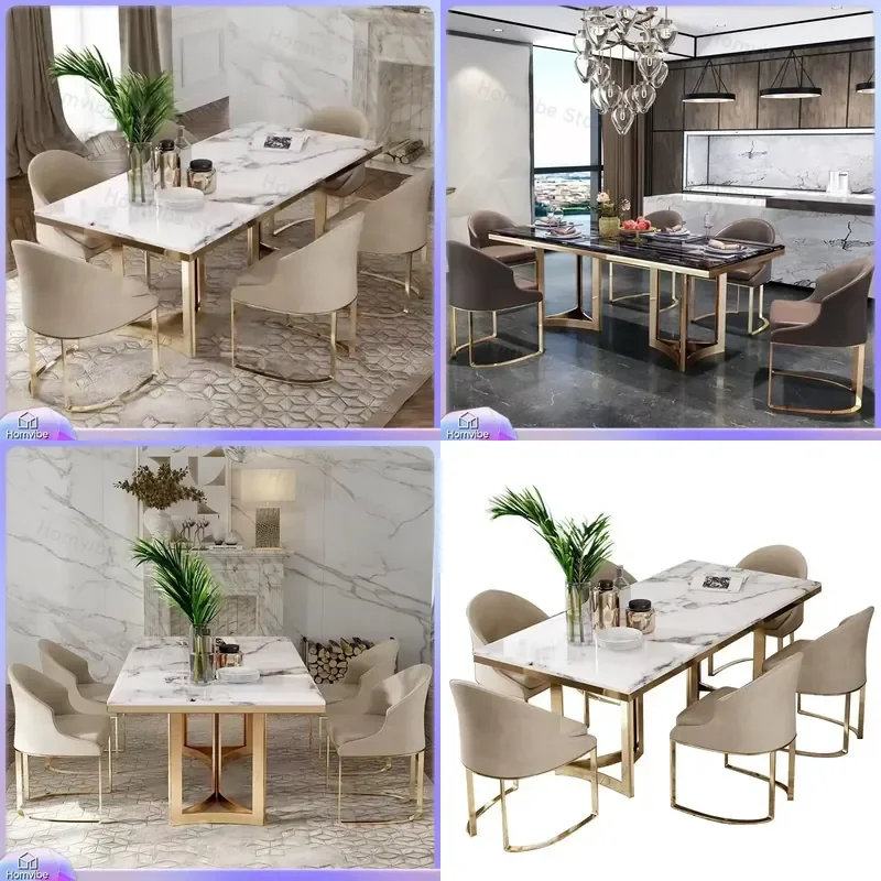 Modern Luxury Gold Stainless Steel Dining Table Set with Waterproof Marble Top for Kitchen Living Room Home Furniture