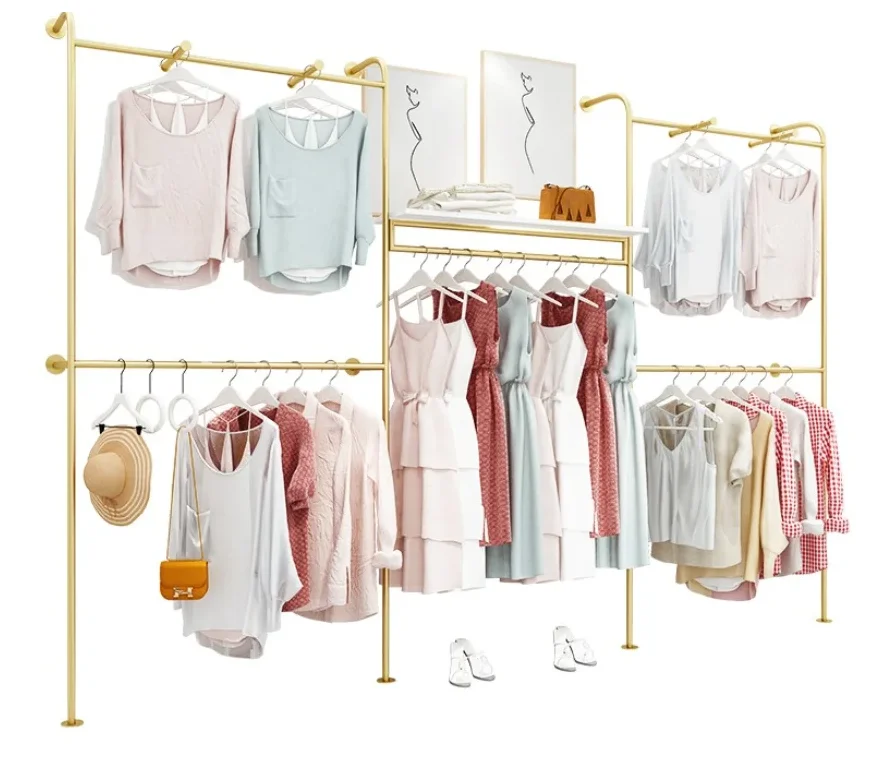 Clothes store display rack Clothes hanger Wall mounted clothes display rack in women's clothing store