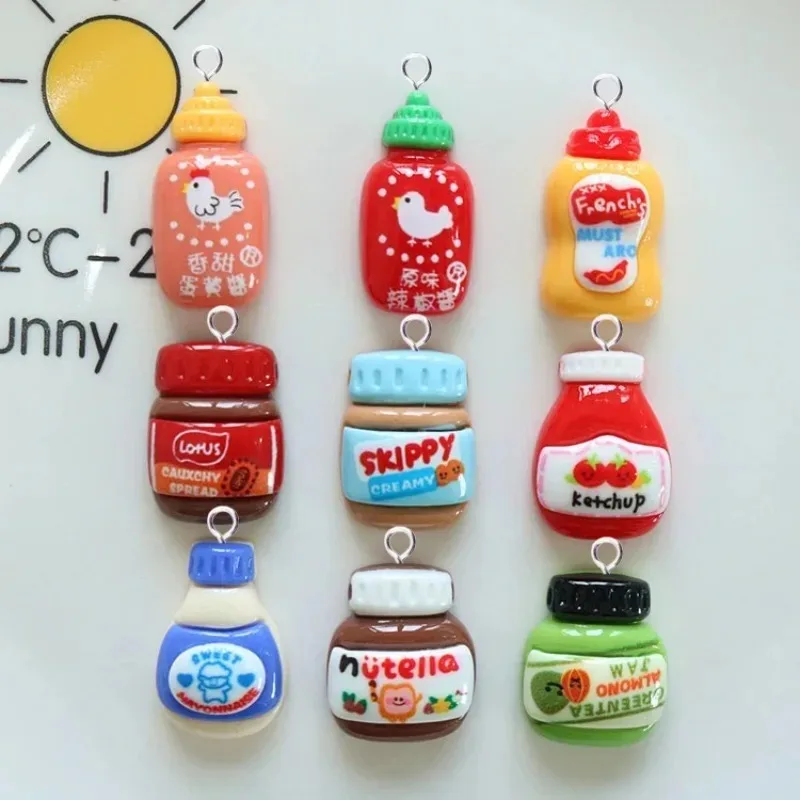 10pcs Tiny Condiment Jar Resin Charms Tomato Sauce Peanut Butter Bottle Pendants Craft Findings For Keyring Earring Making