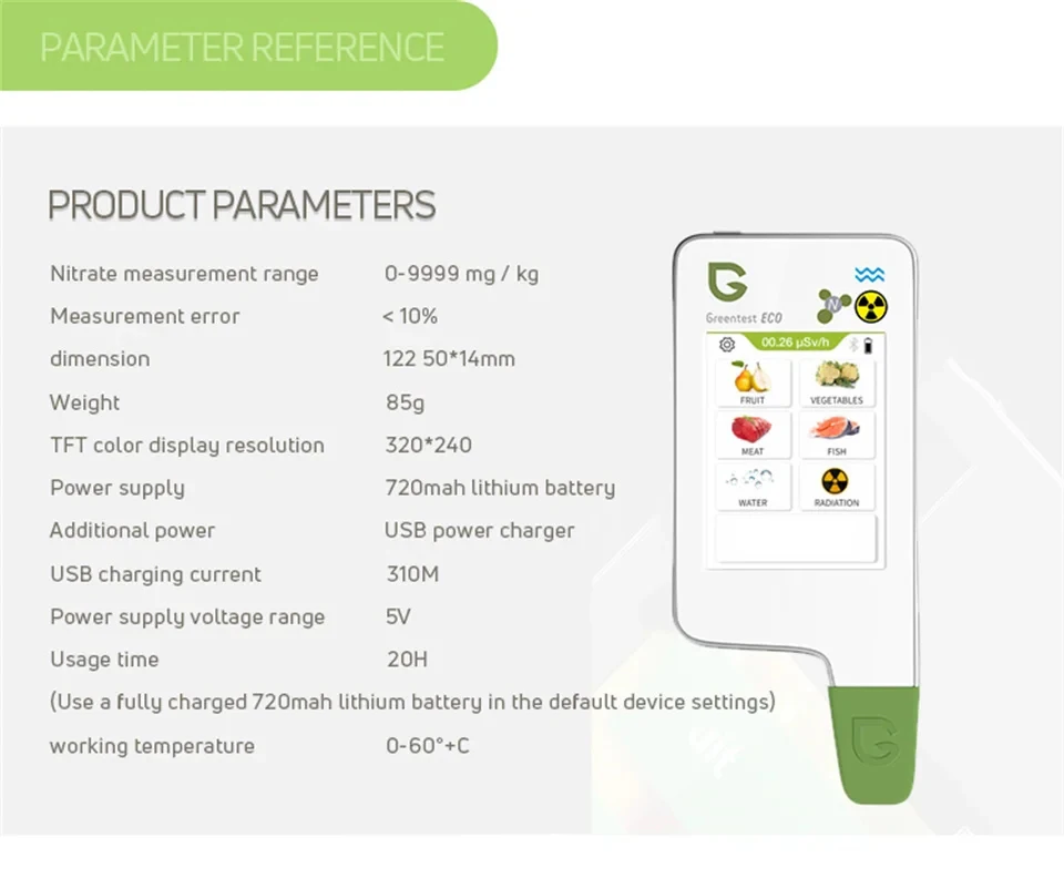 Medidor de Nitratos Greentest para Pescado, Frutas, Vegetales y Carne, Medidor de TDS, Medidor de Radiación, Detector de