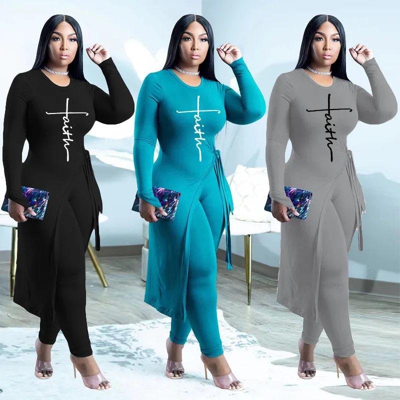

2022 Autumn Women O Neck Pullover And Trousers Suit Vintage Letter Print Long Sleeve 2 Piece Set Casual Skinny Leg Pants Suit