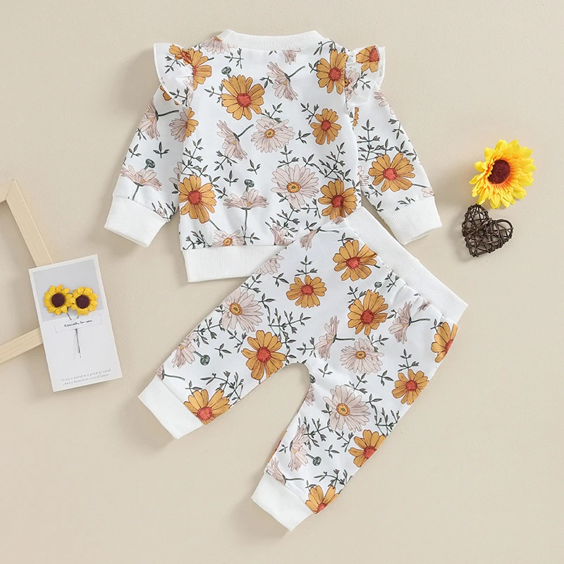 Kmbangi Pasgeboren Peuter Meisjes Outfit Met Ruches En Lange Mouwen Bloemenprint Sweatshirt Joggingbroek 2 Stuks Broek Set Babykleding