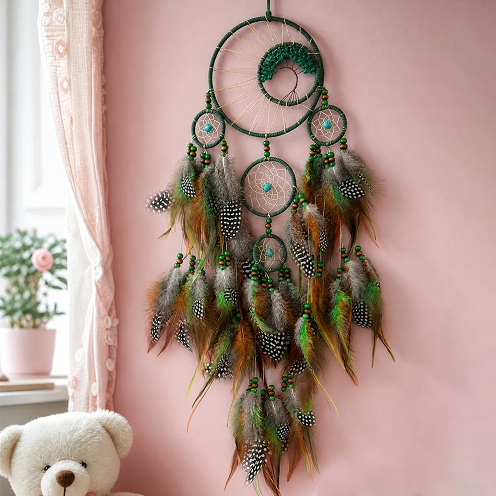 Bohemian Green Crystal Dream Catcher, High-End Life Tree Hanging Ornament with Colorful Feathers and Wind Chime Wall Decor