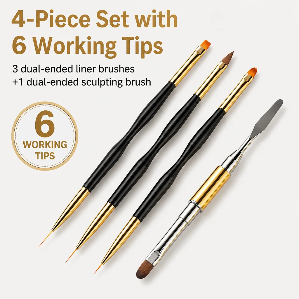 4PCS Nail Art Brush Set Dual Ended Liner Painting Poly Gel Spatula French Tip Acrylic Drawing Manicure Kit Salon Home DIY