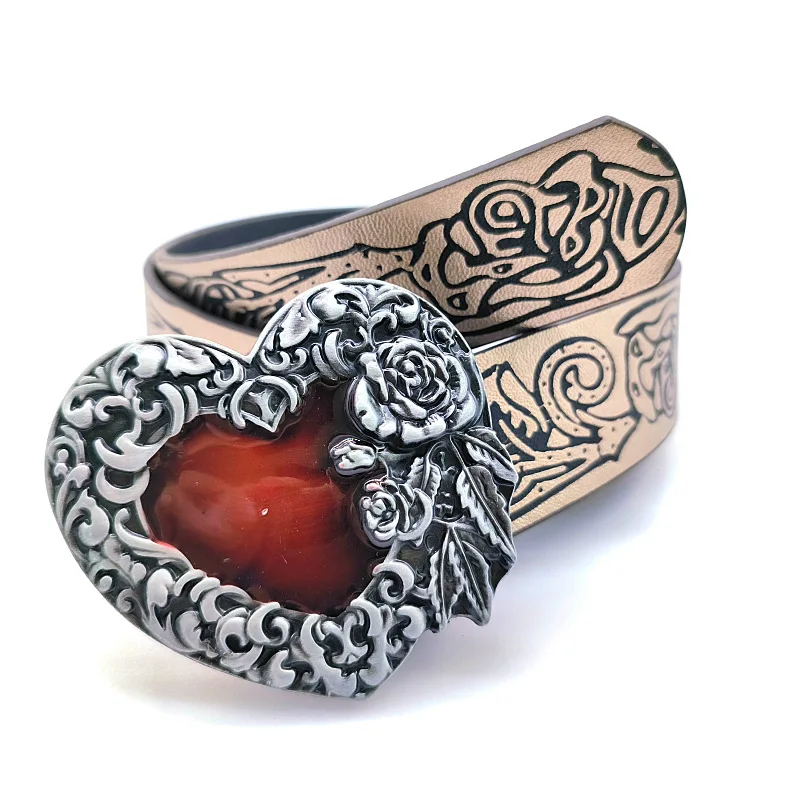 Punk Retro Embossed Love Heart Belt Y2K Gothic Dark Style Waistband Unisex for Women Men